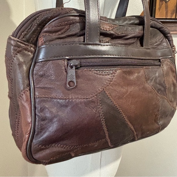 Vintage 90s Brown Leather Patchwork Shoulder Bag | Retro Boho Shoulder Tote - Picture 5 of 10